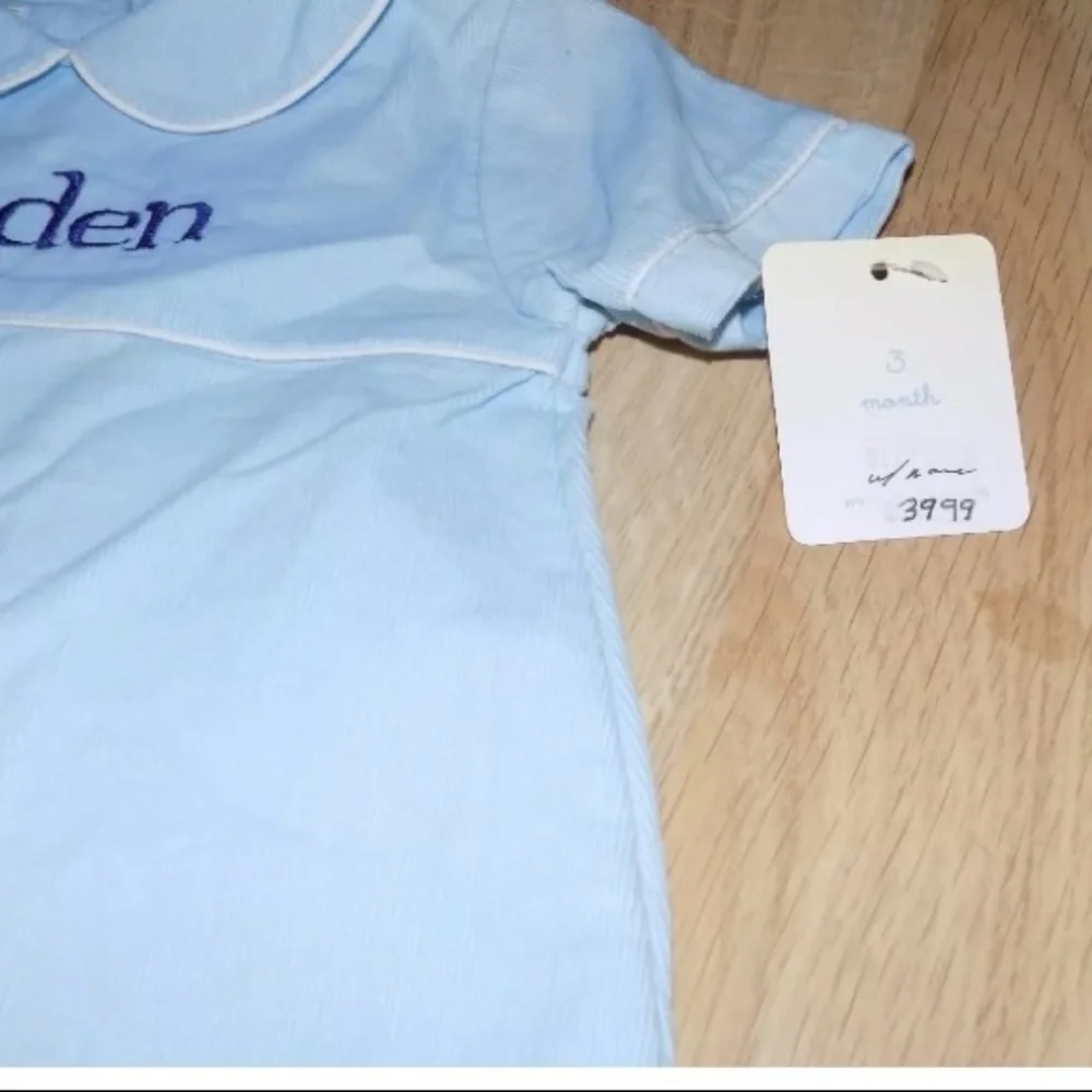 Size 3 Months Petit Ami Light Blue Corduroy One-Piece Romper BRADEN Embroidered - Picture 3 of 5